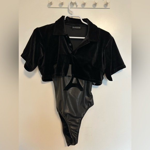 MANIÈRE DE VOIR VELOUR AND VEGAN LEATHER EIFFEL BODYSUIT & CROP SHIRT - BLACK - Picture 1 of 6